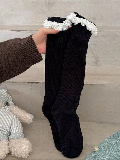 with Cuffs Socks Calf Ribbed Ruffled Lace