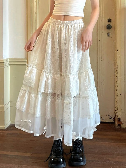 Skirt with Angel White Maxi Tiered Lace Embroidery and Bow Accents
