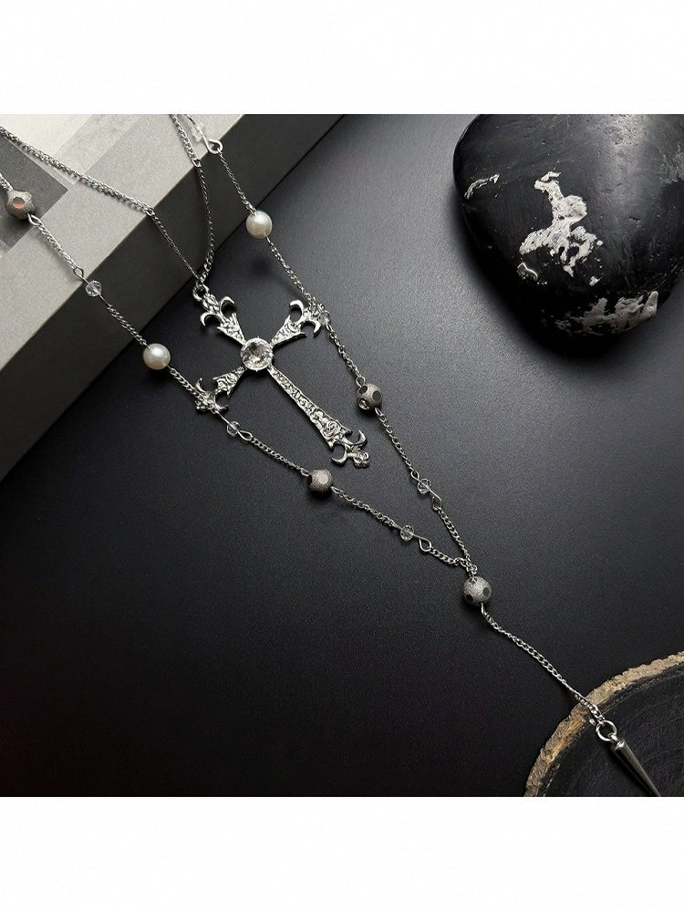 Silver Cross Beaded Layered Necklace - YSHXS