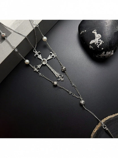 Silver Cross Beaded Layered Necklace - YSHXS