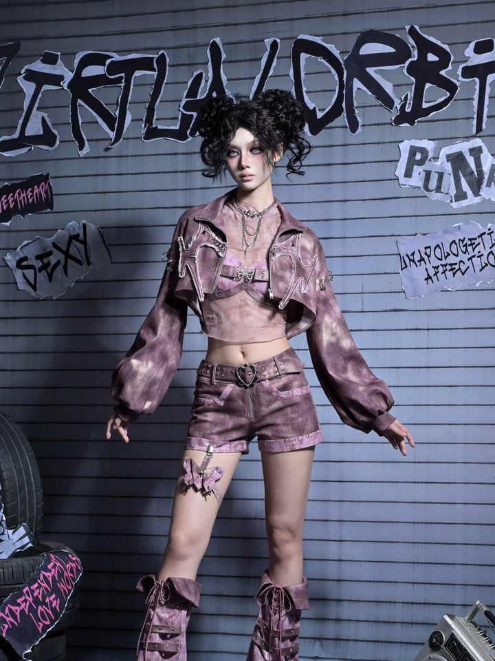 Pink Rhinestone Harness Butterfly Punk Belt Pastel Dusty Detachable Shorts Denim Leg Y2K with