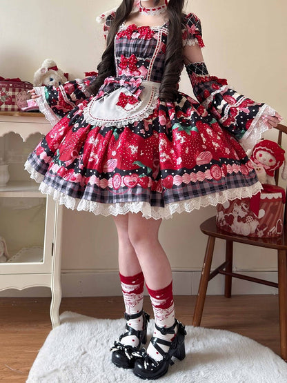 XXL-Büstenschürze mit Karomuster für 96–111 cm, Muster: Schwarz, Erdbeere, süßes Kleid, Ausverkaufsgröße, Sommer und Lolita