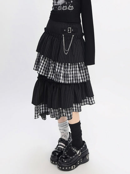 Asymmetrical Stripes Tiered Pattern Plaid Black Hem Skirt with and Y2K