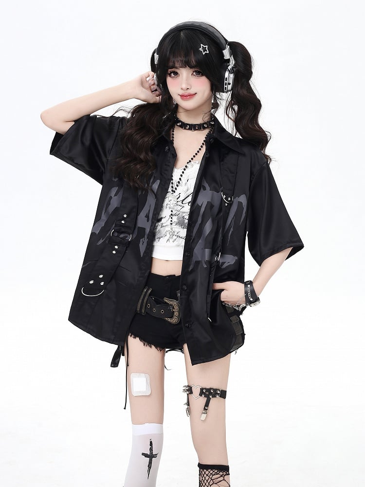 with Shoulder-to-Hem Studded Straps Black Graffiti Gray Shirt Punk Letter