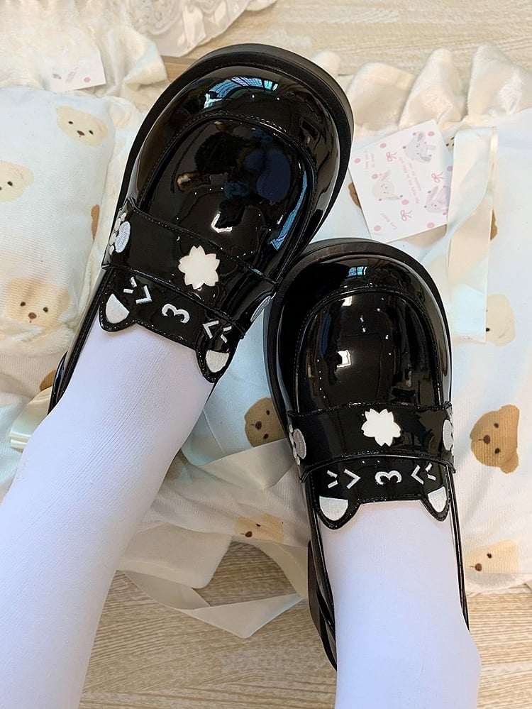 PU with Cat JK Ear Details - Accents Slip-On Sakura Shoes Design Black Polished Mid-Heel