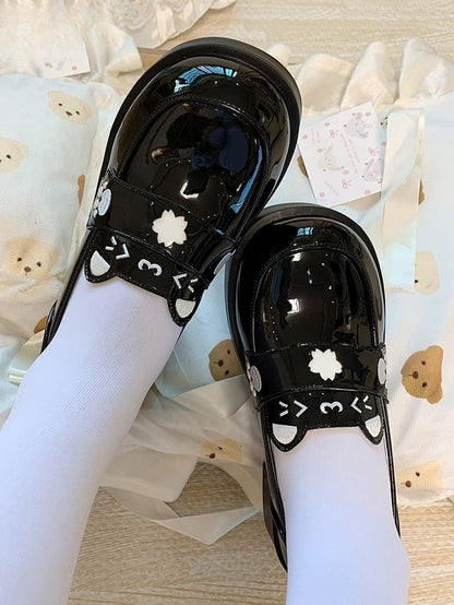 PU with Cat JK Ear Details - Accents Slip-On Sakura Shoes Design Black Polished Mid-Heel