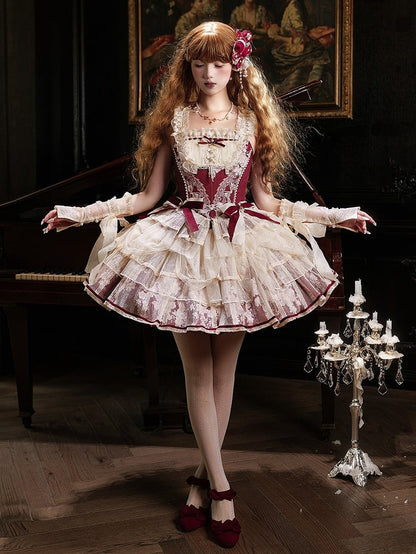 Lolita Red Skirt Print Princess + Boned Floral Corset Wine Balletcore Top