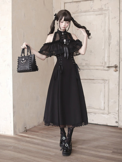 Black Seiso-Kei Cutout Shoulder Long Dress with Rhinestone Bow Tie - Ekomi