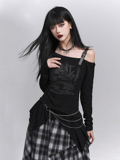 Black  Gothic Asymmetrical with Graffiti Top Neck Print
