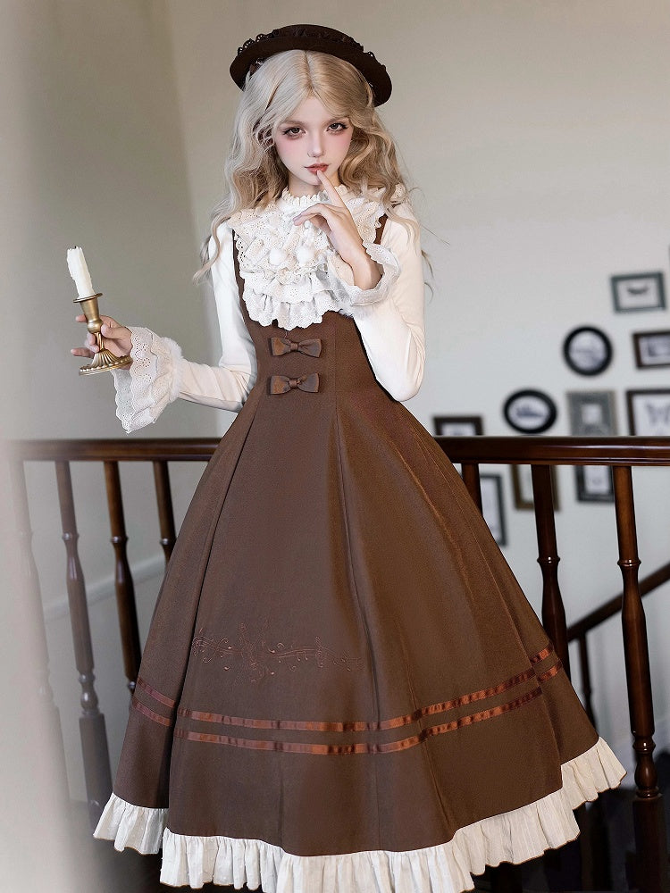 Beige Knit Elegant JSK Embroidery Brown Top Violin Bow + Classic Lolita Hat Detachable