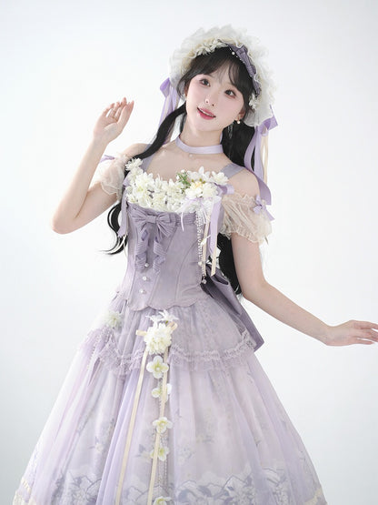 Klassischer Langer Rock Lolita Dekoration + Jasmine Top Print Set Lila Korsett Floral