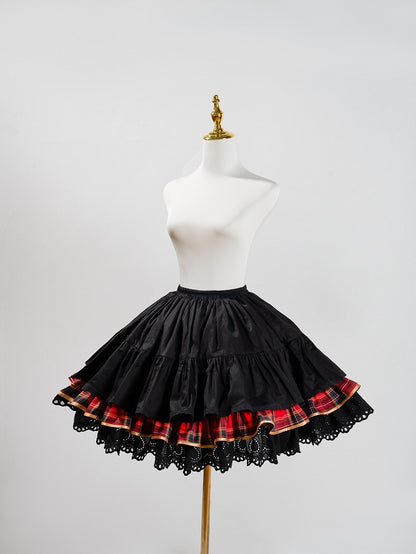 Red Idol Lolita Plaid JSK Dress with Golden Bear Embroidery and Black Scalloped Hem - LiLi Chain
