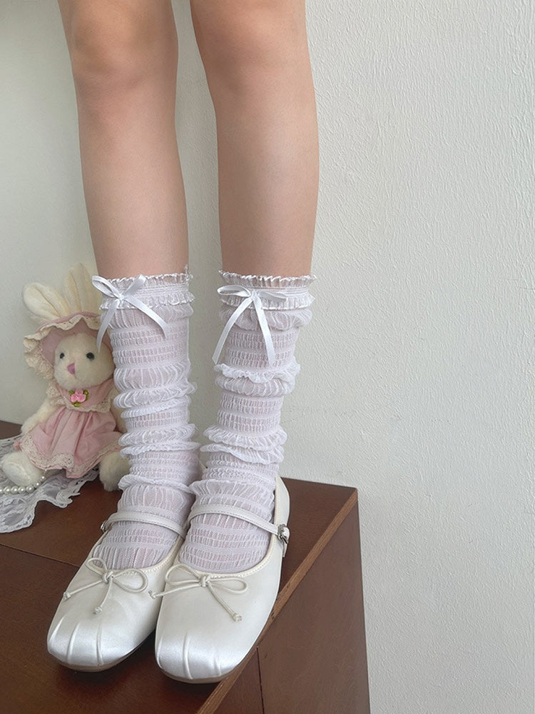 Socks Ruffled Lace Details Bowknot White/Black Tulle