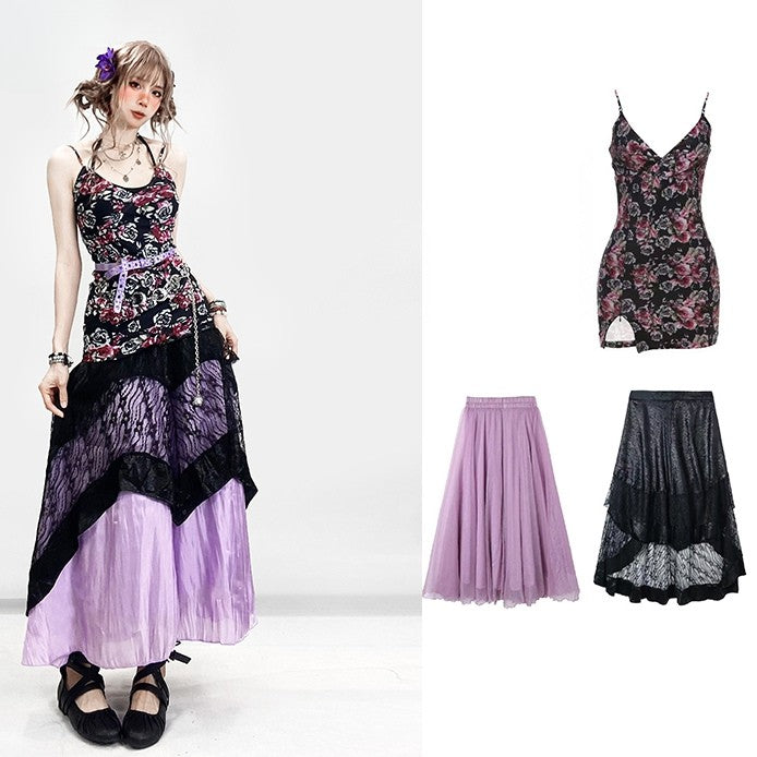 + 花柄トップ、ホルターネック、アンダースカート、キャミスカート、レースセット、ドレス、ホリデーネック、ブラック、パープル、ビタースイート