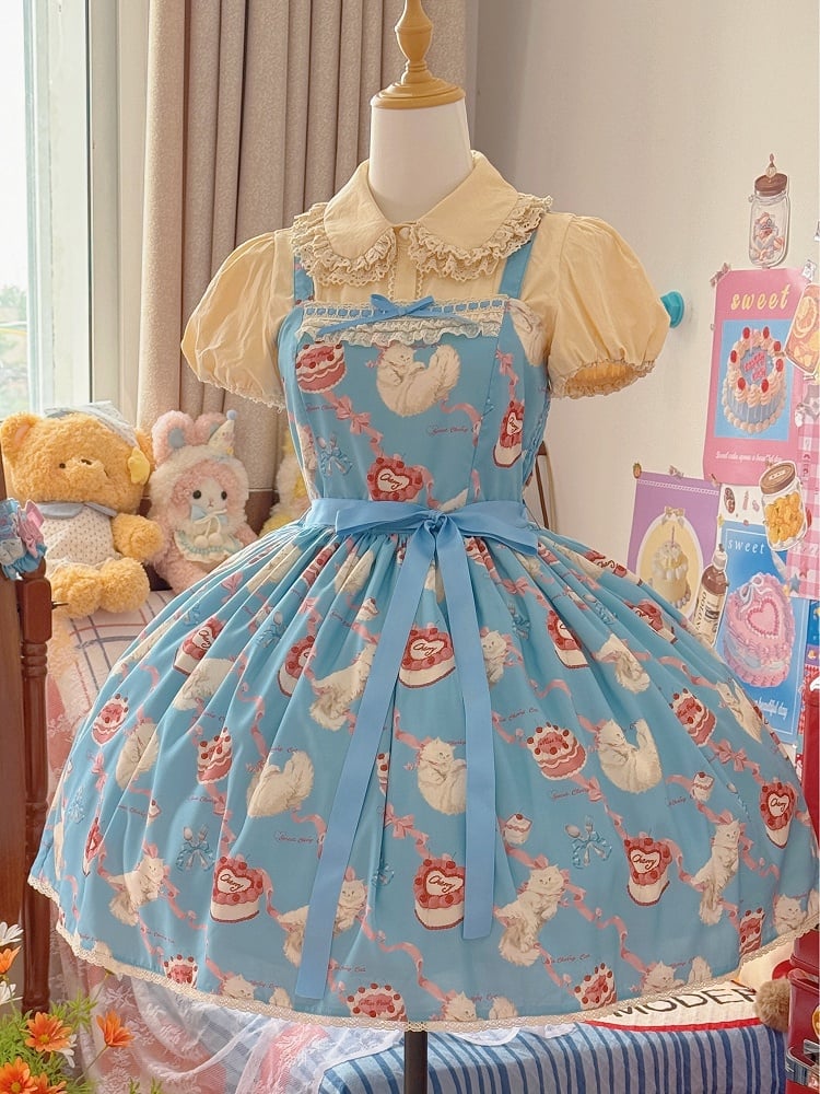 Kleid Print Rock süße Lolita Jumper Showa flauschige Kätzchen blau süß