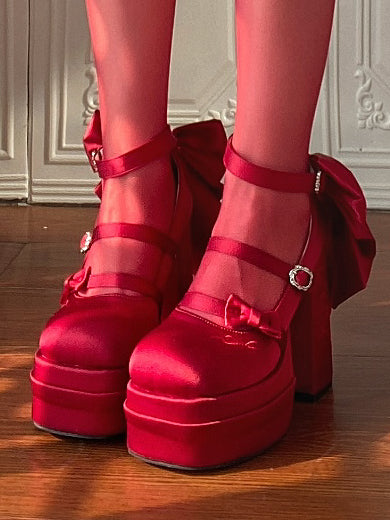 ジェーンズ レッド リボン クラシック メアリー ロリータ ハイヒール プラットフォーム エレガント