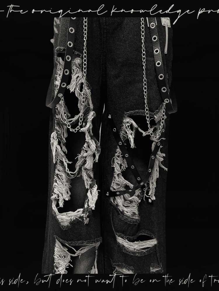 Y2K Black Cross Appliques Jeans Glamorous Criss-cross Straps Distressed Holes