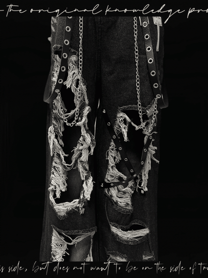 Y2K Black Cross Appliques Jeans Glamorous Criss-cross Straps Distressed Holes