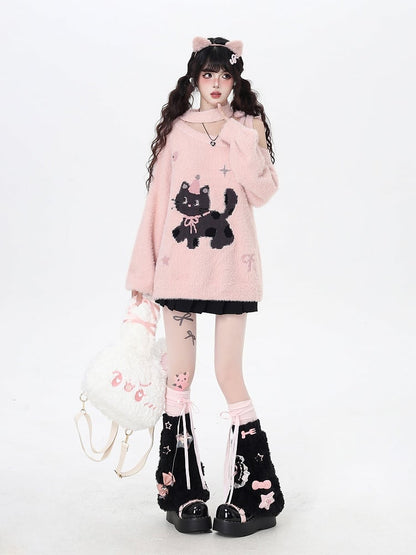 Pink/White Cozy One-Shoulder Fuzzy Balloon Sleeve Sweater with Cat and Bow Patterns