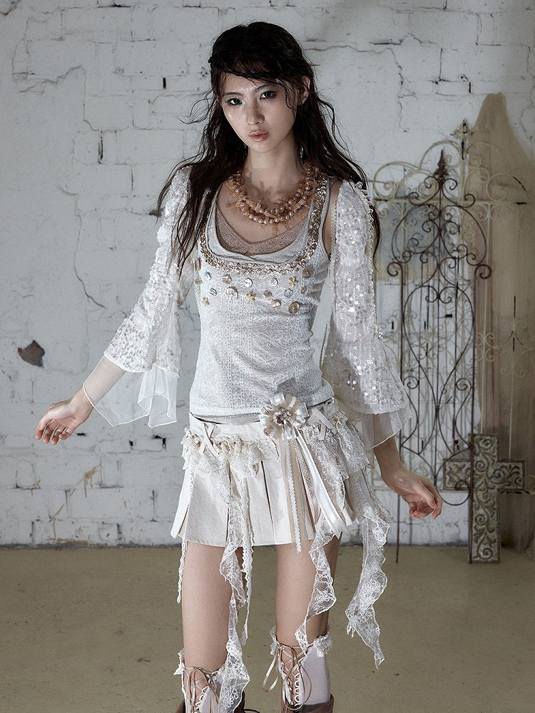 Punk Apricot Pleated Skort with Asymmetric Lace Trim - NO ROMANCE