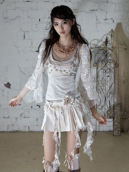 Punk Apricot Pleated Skort with Asymmetric Lace Trim - NO ROMANCE