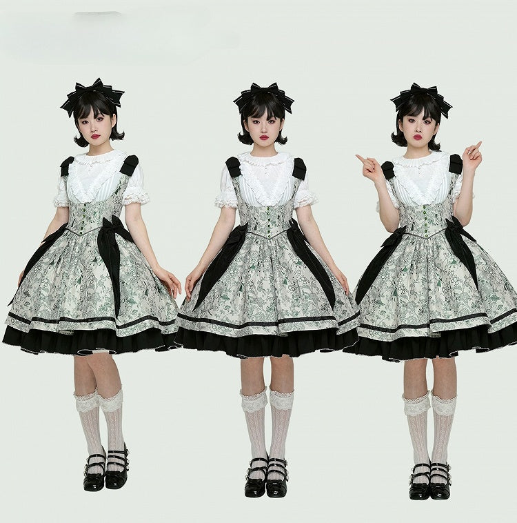 Basque Lolita Bust Jumper Skirt Under Waist Straps Shoulder Green Bowknot