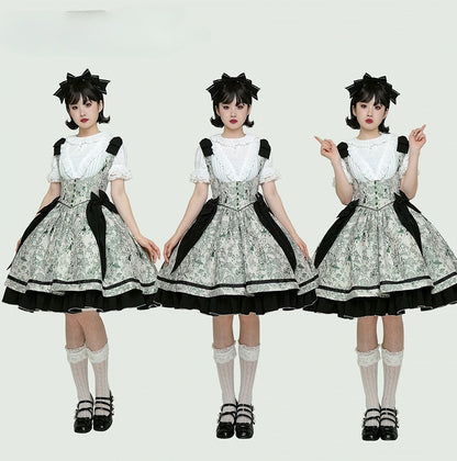 Basque Lolita Bust Jumper Skirt Under Waist Straps Shoulder Green Bowknot