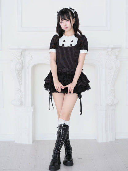 Black Striped Two-piece Set - Peter Pan Collar Top + Lace Ruffle Tiered Skirt - Jirai-Kei - No Genki