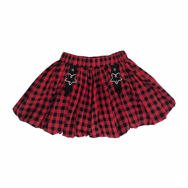 Plaid Bubble Skirt Y2K Gray / Red Star Buckles Black Black