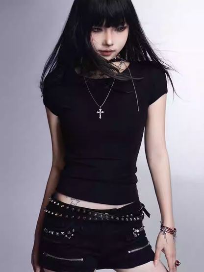 ジッパーウエストスタッズ付きグラマラスディテールショートパンツローブラック