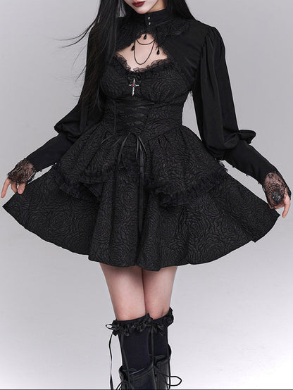 All Black Gothic Lolita Full Set – Halter Lace Top + Cropped Bolero + Boning Corset Skirt | The First Witch