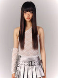 Jacquard Tank Lace Ribbon with Sheer White Tie Floral Top One-Shoulder Sleeves