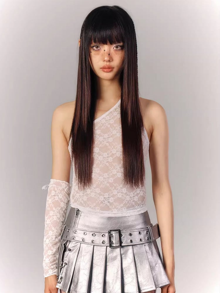 Jacquard Tank Lace Ribbon with Sheer White Tie Floral Top One-Shoulder Sleeves