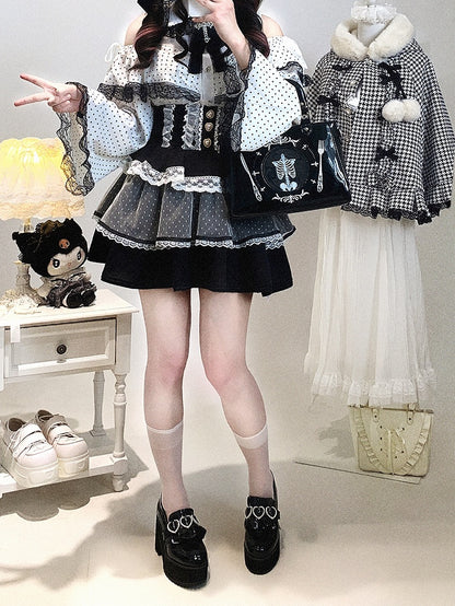 Jirai Sleeves Kei Polka-dot Bell / Blouse | White Pink