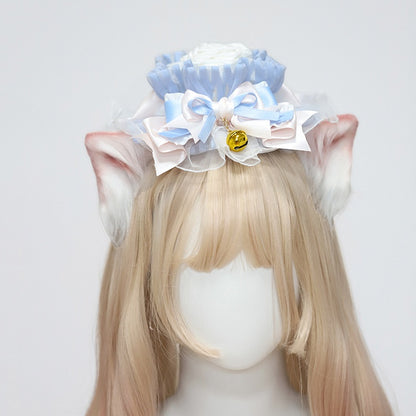 Blue Charm/Cat Lolita Hat and Mini White Ear with Flower Golden Trim Hairclips Lace Bell