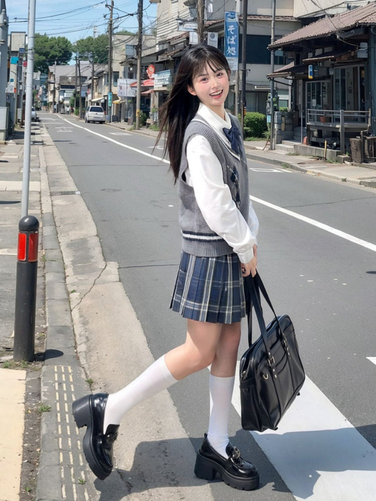 Style 42CM/45CM/48CM/56CM/65CM JK Uniform Pleated Skirt Navy Blue Plaid Preppy