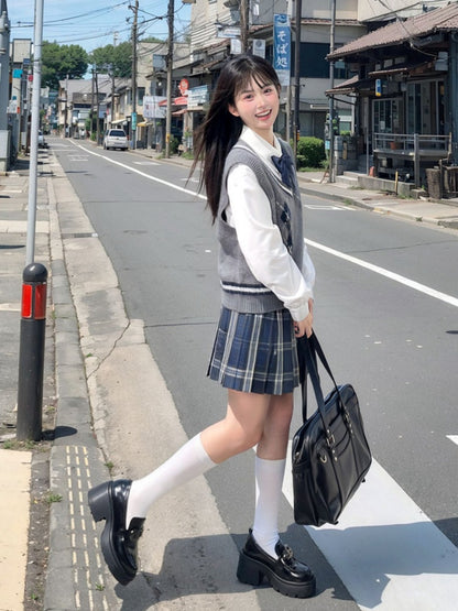 Style 42CM/45CM/48CM/56CM/65CM JK Uniform Pleated Skirt Navy Blue Plaid Preppy