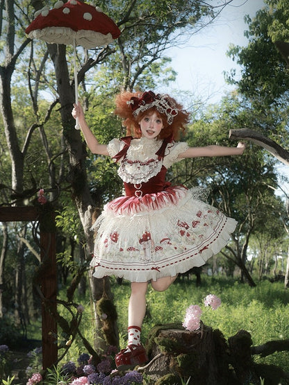 Red Velvet Mushroom JSK Dress with Heart Motif - Honey Machine