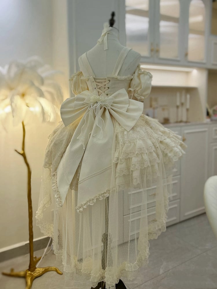 Hanayome Fairy Lolita Flower Basque Skirt Jumper Tiered Waist Hem Beige Dress