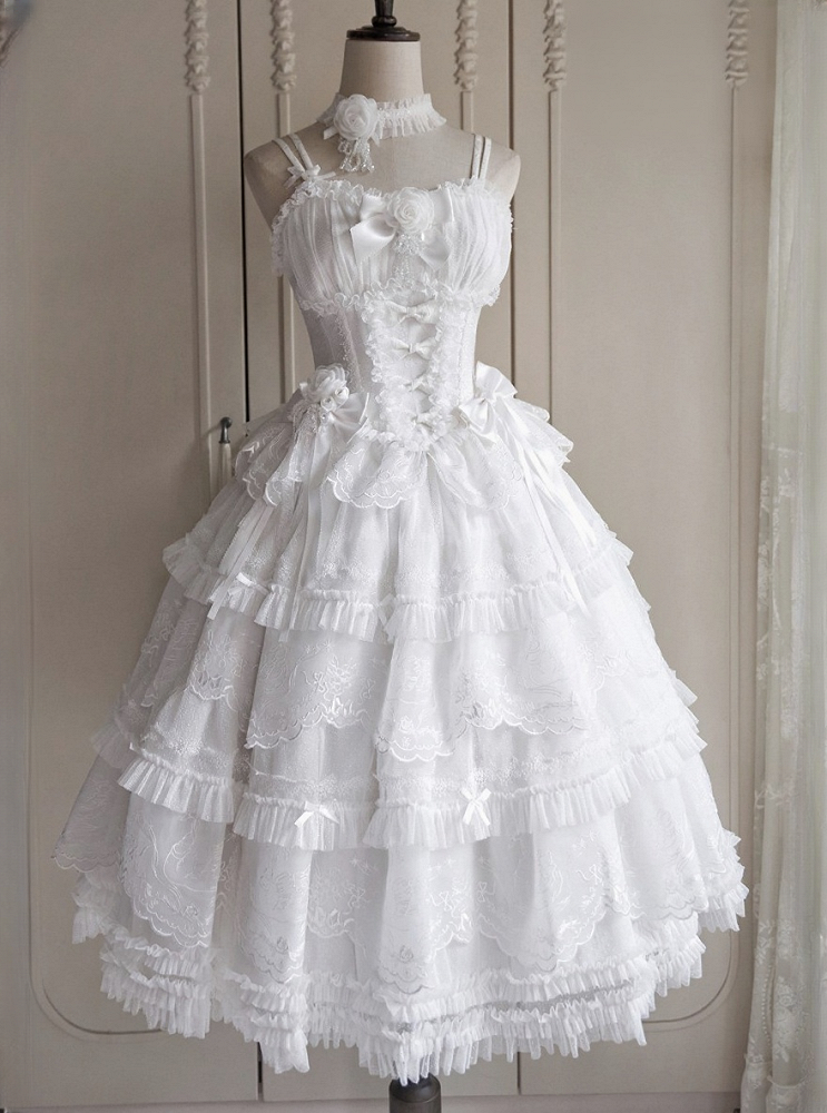 Skirt Scallop Embroidered Trim Ruffles Elegant White Lolita Classic Tiered