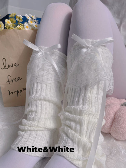 Gestrickte Beinwärmer mit Schleife und Spitzenmanschette in 9 Farben