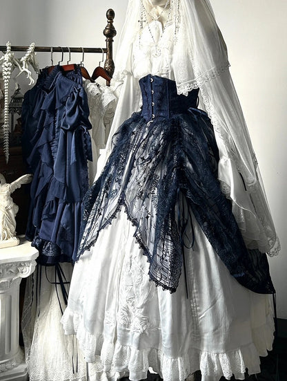Dunkelblauer Gothic Lolita Korsettgürtel mit Kathedralen-Overlay im Kordelzug-Design