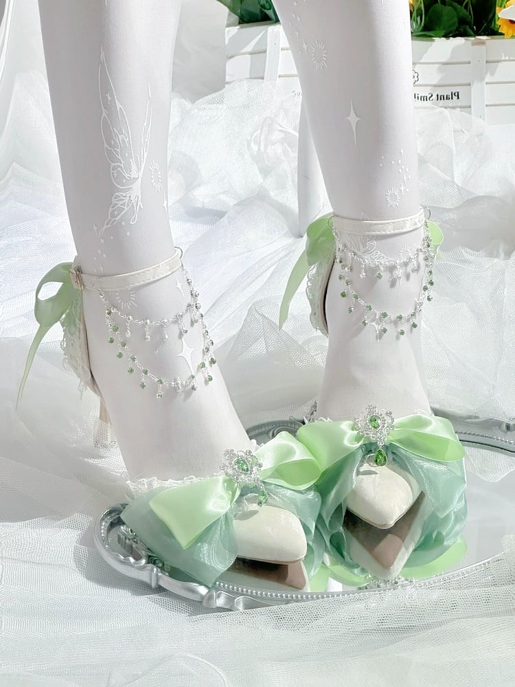 Emerald Pointed Lolita Heels with Lace Ankle Strap - Miaomiao Just for You