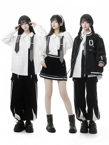 Schwarze, kurze Baseballjacke im Preppy-Stil mit Reißverschluss