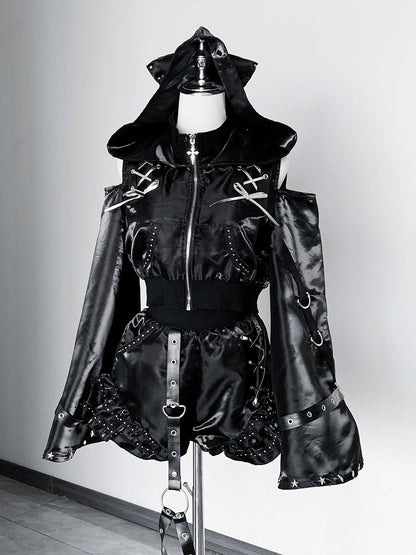 Glossy Gothic Jirai-kei Black 2-Piece Set Cat Ear Hooded Cutout Shoulder Top + Shorts with Leg Garter - Bug Starting