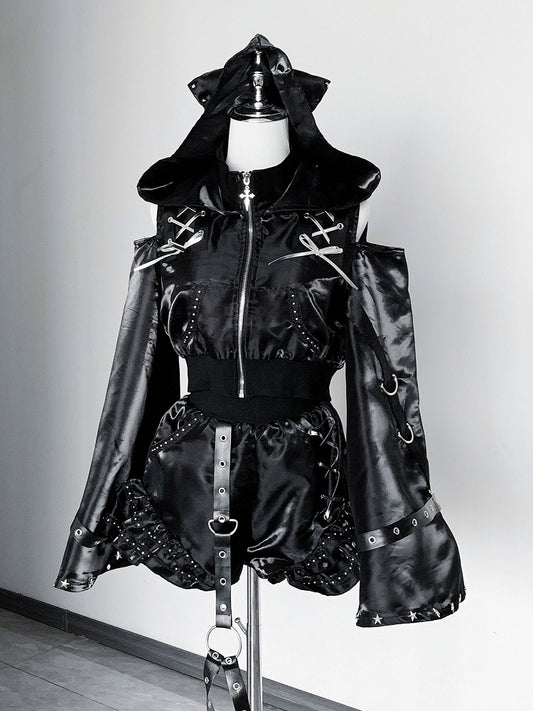 Glossy Gothic Jirai-kei Black 2-Piece Set Cat Ear Hooded Cutout Shoulder Top + Shorts with Leg Garter - Bug Starting