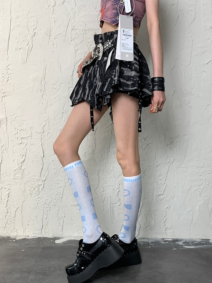 Y2K Underknee Bowknot Heart And Print Blue Stockings