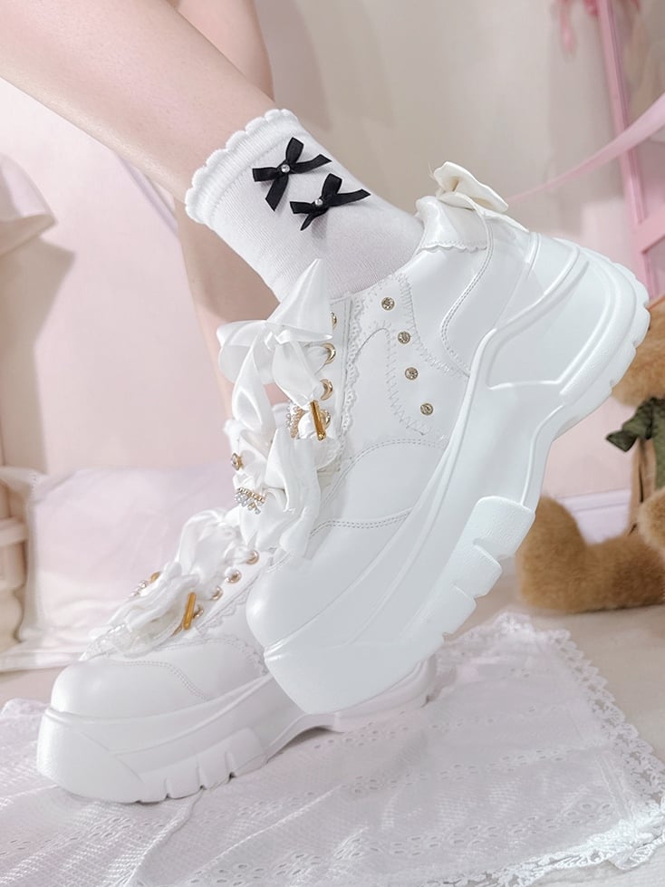 Beaded Platforms White PU Lace-Up Sparkling Jirai Rhinestone Heart Kei Detachable Leather - Bow Decor