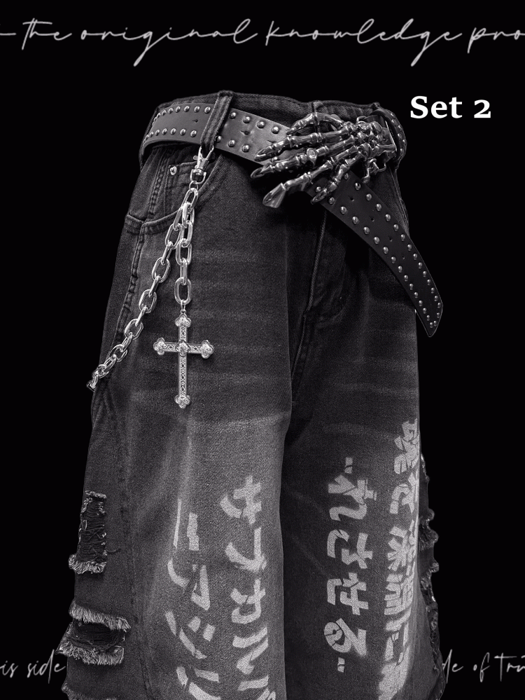 穴あき裾パンクフェードウォッシュダメージ加工ダークワイドレッグジーンズグレー