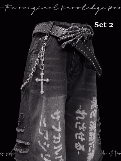 穴あき裾パンクフェードウォッシュダメージ加工ダークワイドレッグジーンズグレー